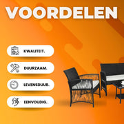 Rotan Tuinmeubelen Set Fioren - Voor Buiten en Balkon - 4 Stuks - Rotan Patio Meubelen - Weven Rieten Sofa Set met Kussens en Glazen Tafel - Zwart