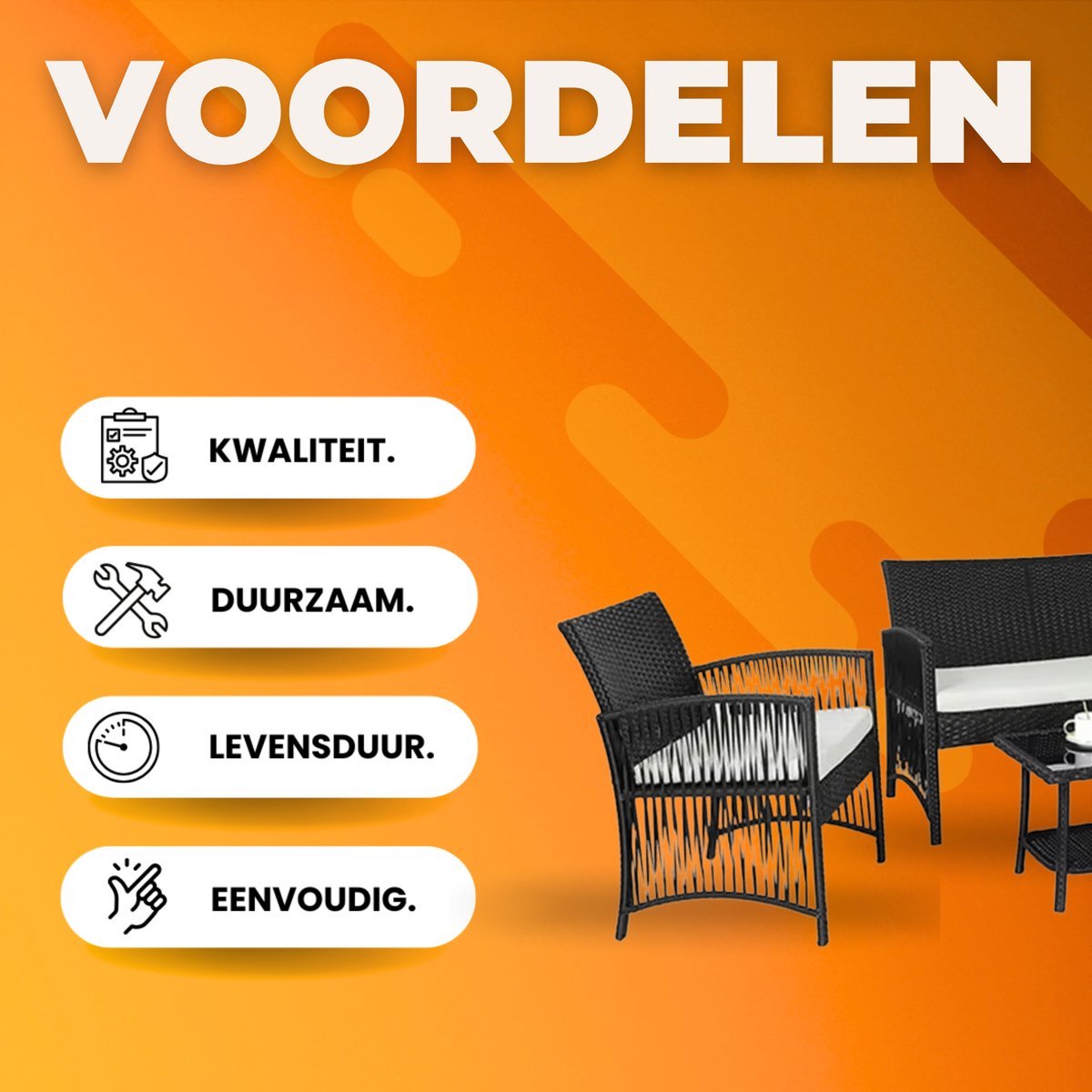 Rotan Tuinmeubelen Set Fioren - Voor Buiten en Balkon - 4 Stuks - Rotan Patio Meubelen - Weven Rieten Sofa Set met Kussens en Glazen Tafel - Zwart