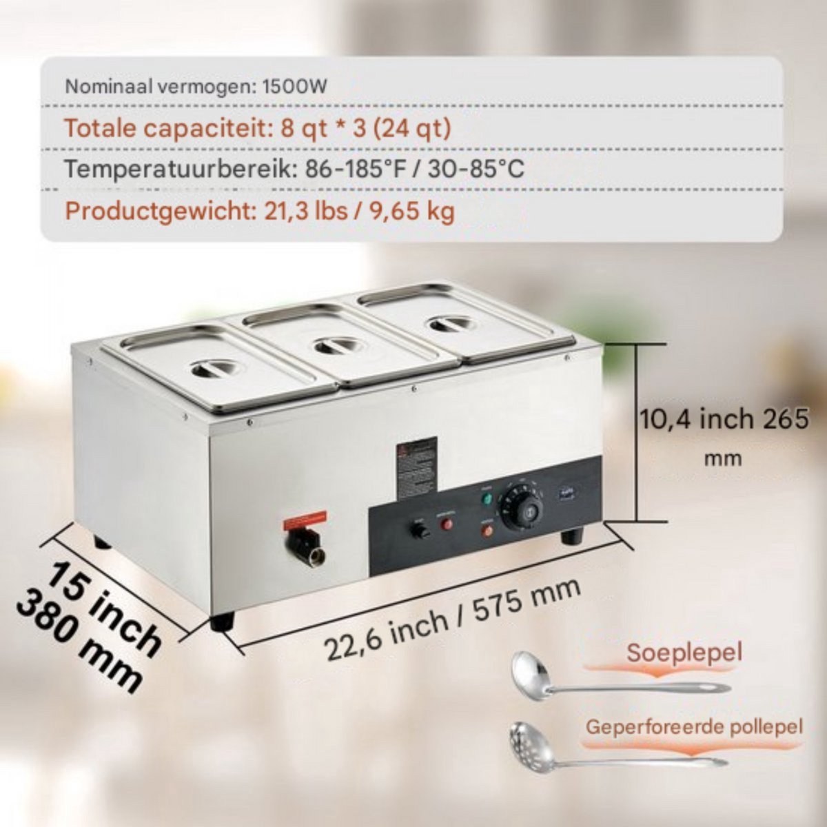 Buffetverwarmer - Chafing dish 3 x 8,8 liter - warmhoudschalen - Elektrisch voedselverwarmer - RVS - 1500W - Buffetbakken - Incl. Deksels & Aftapkraan - Horeca