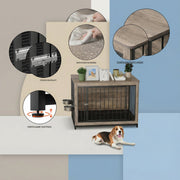 Houten Hondenbenche - Hondenren - Hondenkrat Bijzettafel met Afneembare Kommen en Dienblad - Dubbele Deuren Hondenkennel voor Middelgrote Honden Binnen - 100 x 68 x 64 cm - Grijs