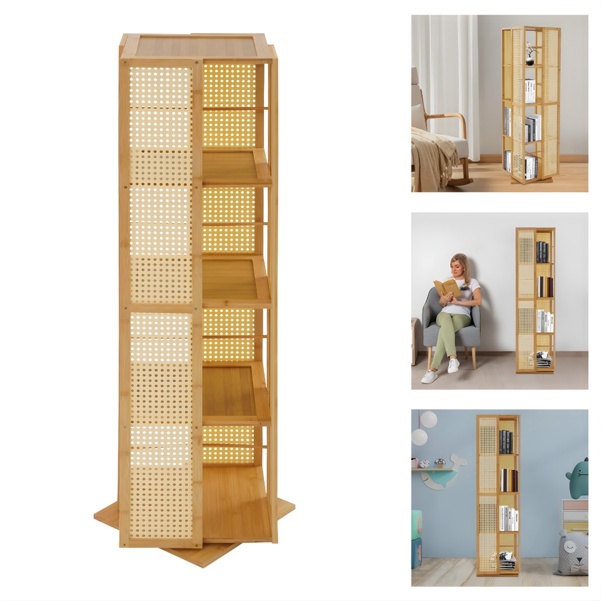 Draaibare boekenkast - Boekenrek - Opberruimte - Voor boekenopslag - Voor boeken en decoratie - 4-laags - 360° draaibaar ontwerp - Wood