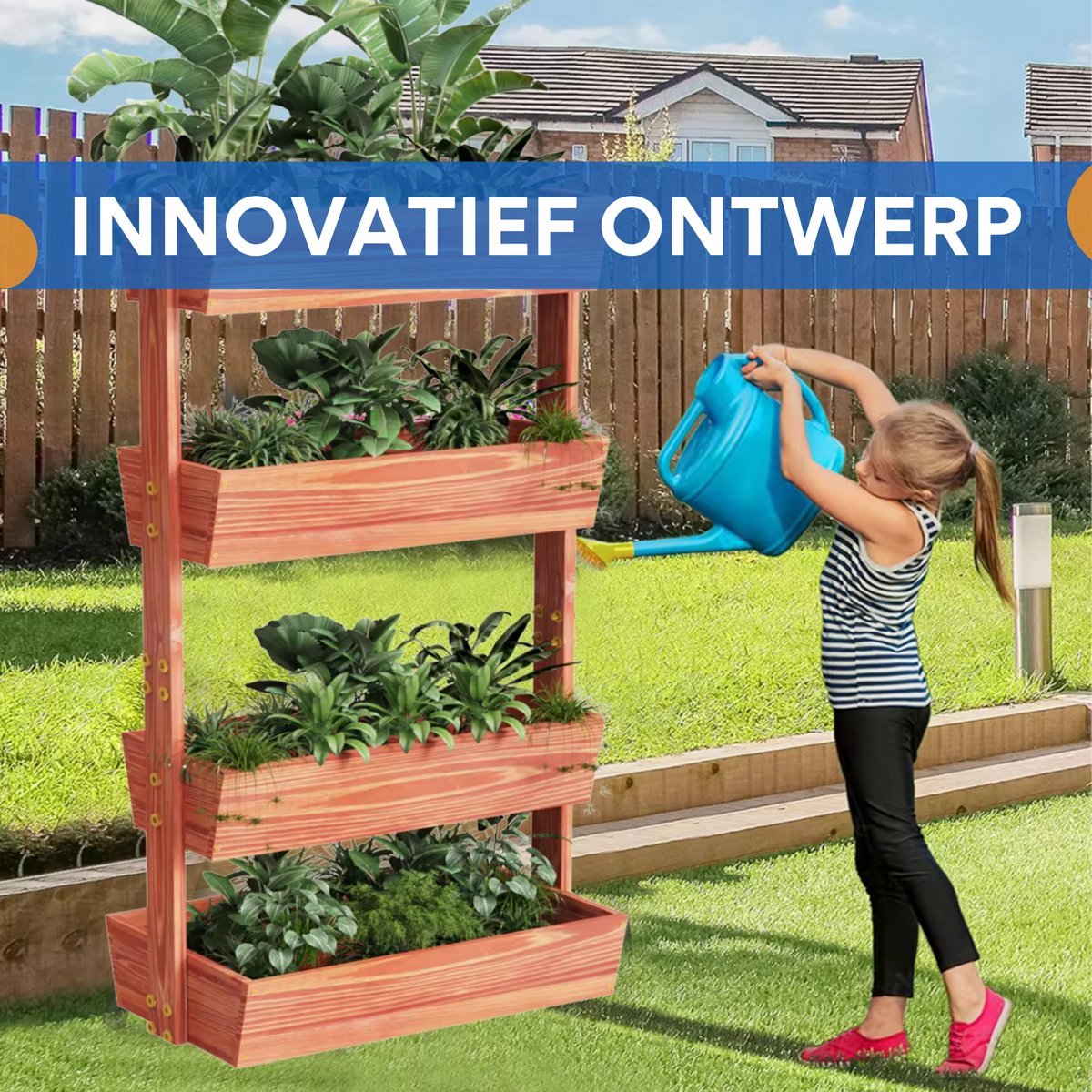 Tuinbed Tavien voor binnen en buiten - 4 lagen - Houten moestuin - Plantenbak - Tuibak voor bloemen - Tuinieren - 140x65cm