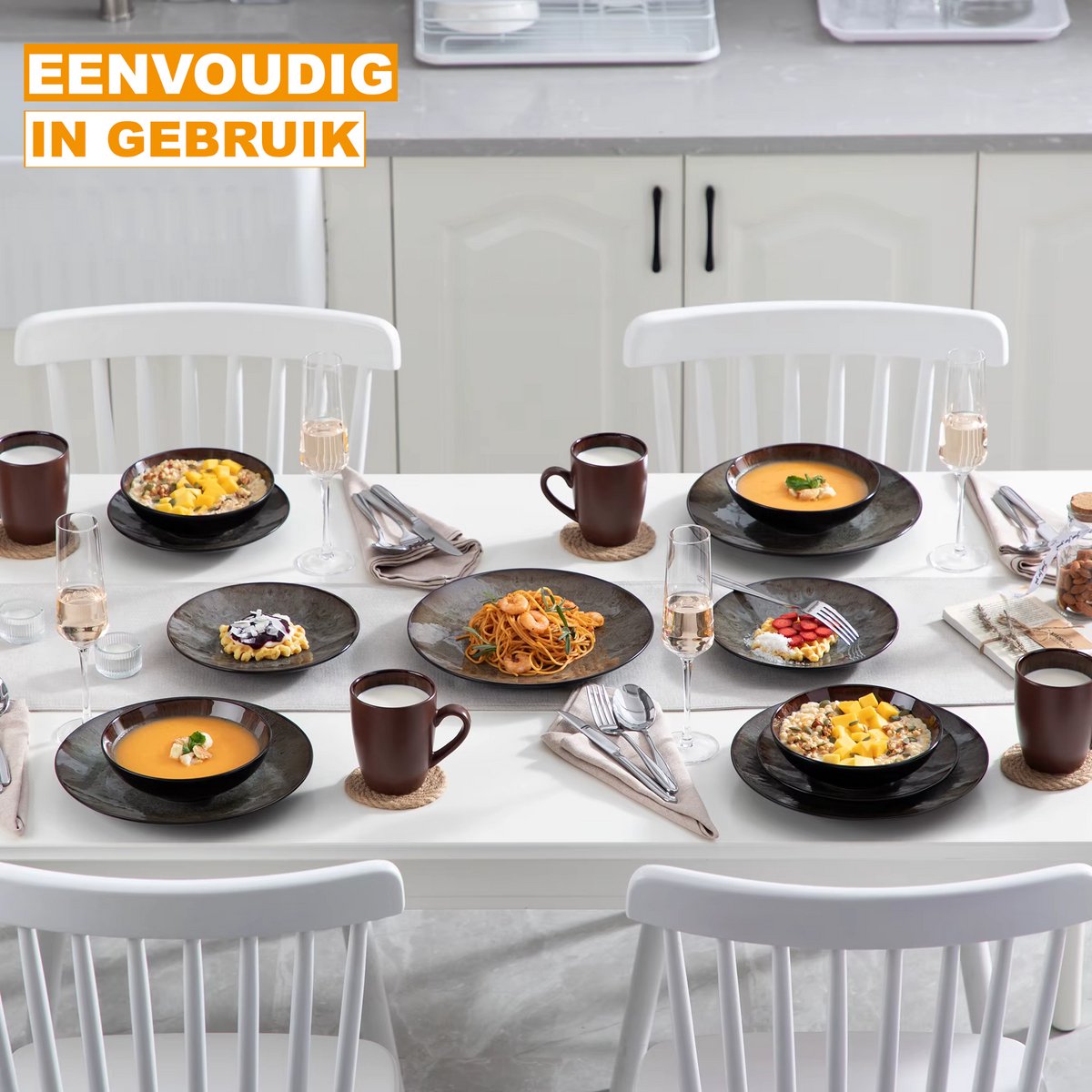 Opulent Serviesset – 4 persoons – Bruin 16 delig – Keramisch – Dinerborden – Breakfast Plates