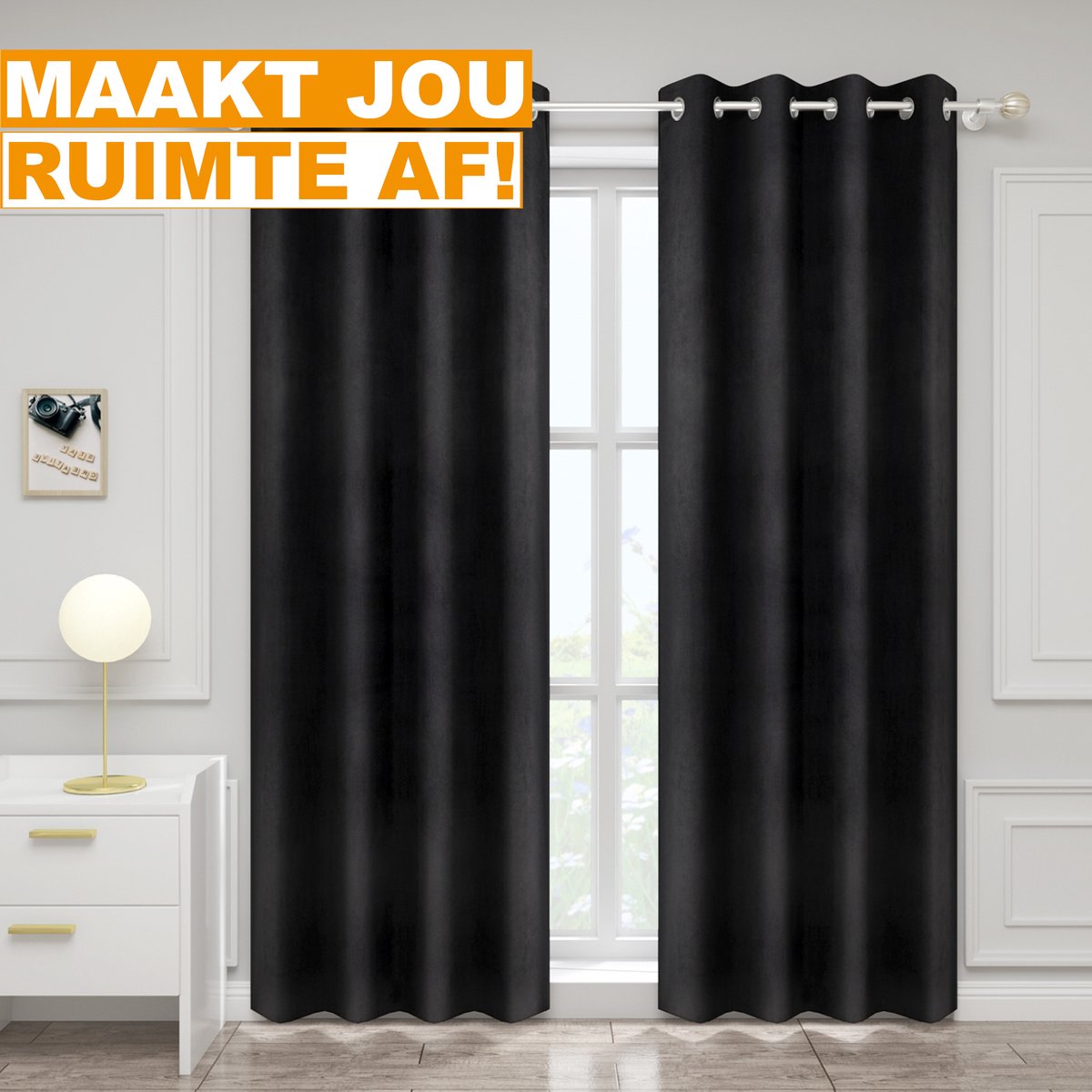 Happyment Gordijnen set Vida 2 stuks - zwart 140x225cm - Verduisterend - met Plooiband - Fluweel Isolerend