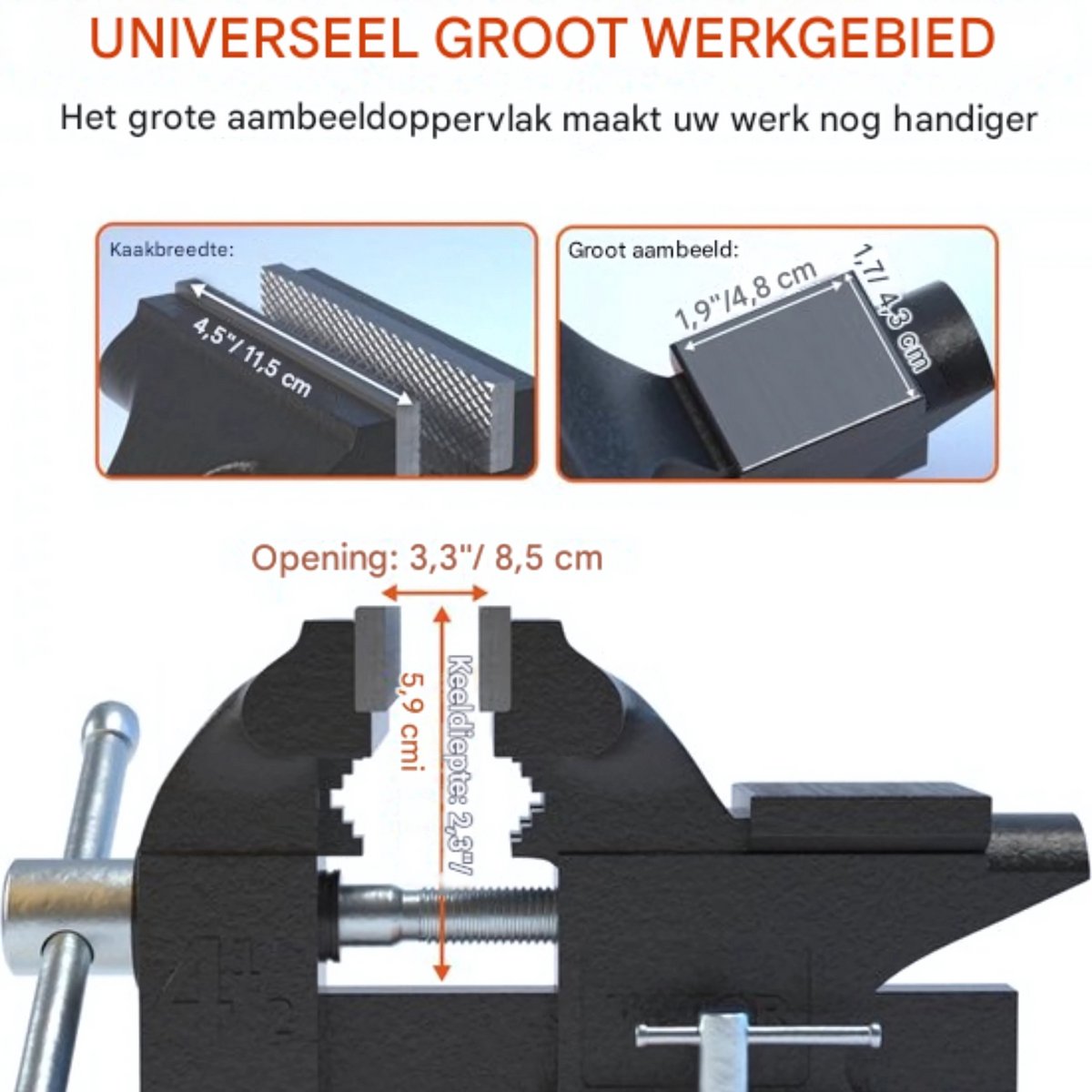 Bankschroef Universeel- Met tafelklem- Draaibaar- Werkbank Klem - 240° Draaibaar Aambeeld - 1,5-4,5 cm Spanbereik