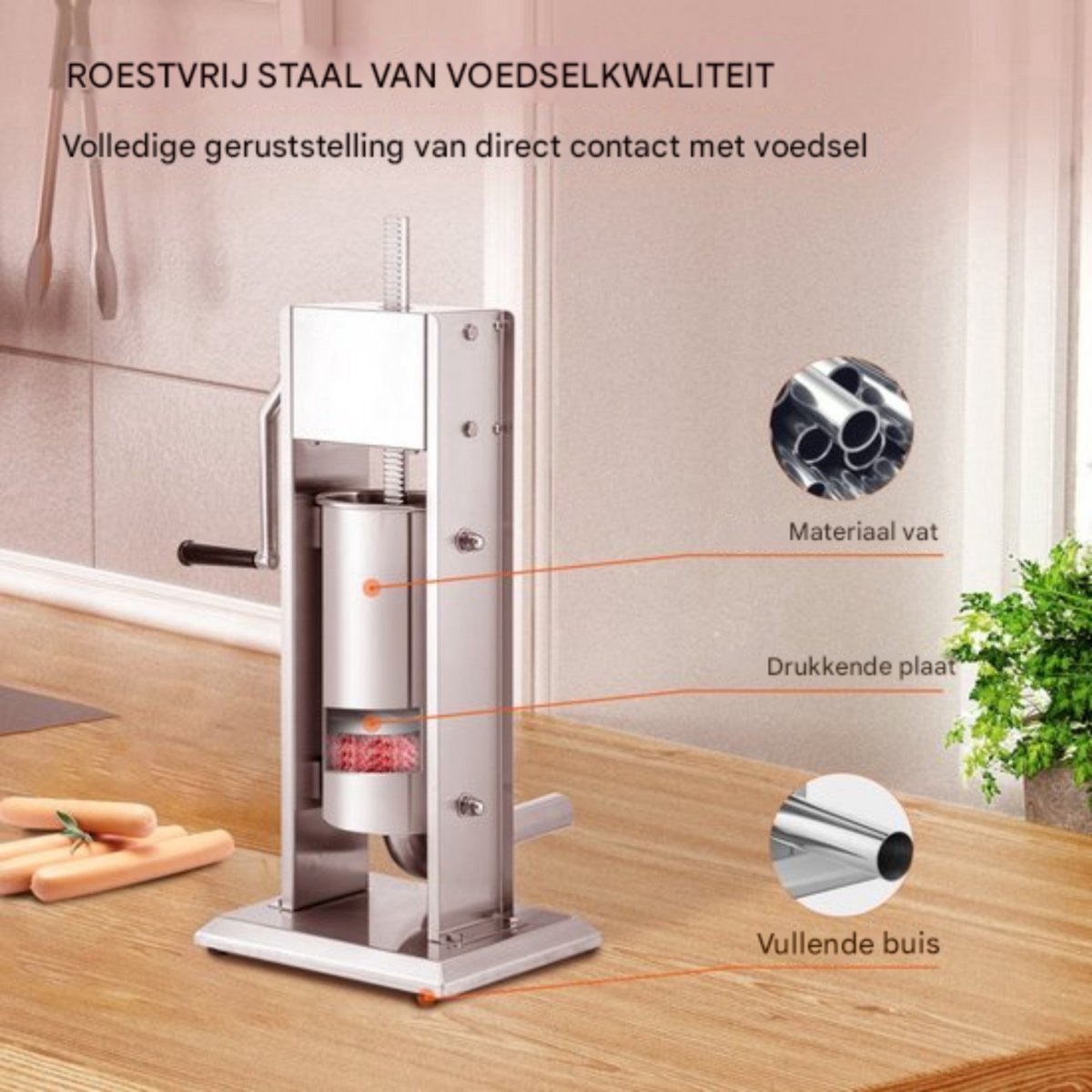 Worstvuller - Worstenmaker - Worstenvulmachine - 5L Handmatig - PRO - Met 4 Maten Vulbuizen