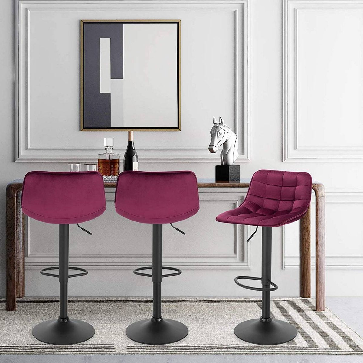 Velvet Barkrukken Dera - In hoogte verstelbaar - Met rugleuning - Set van 2 - Bordeaux - Barstoelen ergonomisch - Keuken en bar - Zithoogte 59-81cm