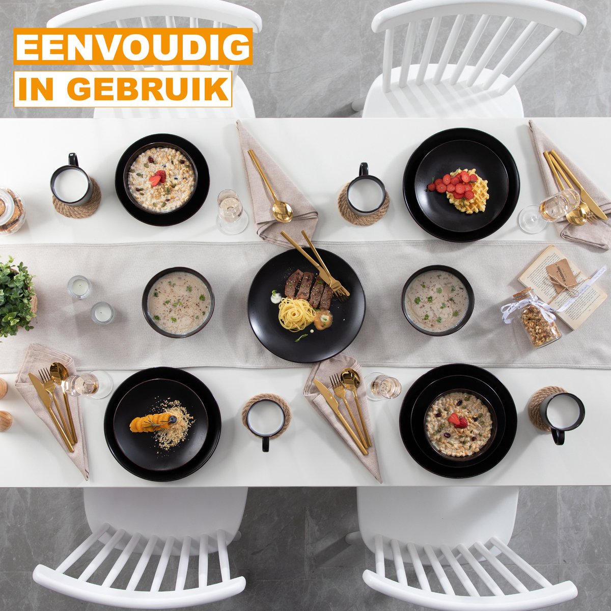 Ornate Serviesset – 12 persoons – 48 delig - Zwart Keramisch – Serviesset – Kleine Borden