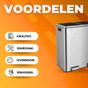 Pedaalemmer 2 vakken - 60L - Prullenbak - Afvalscheiding - RVS - Softclose - Anti-slip - Zilver