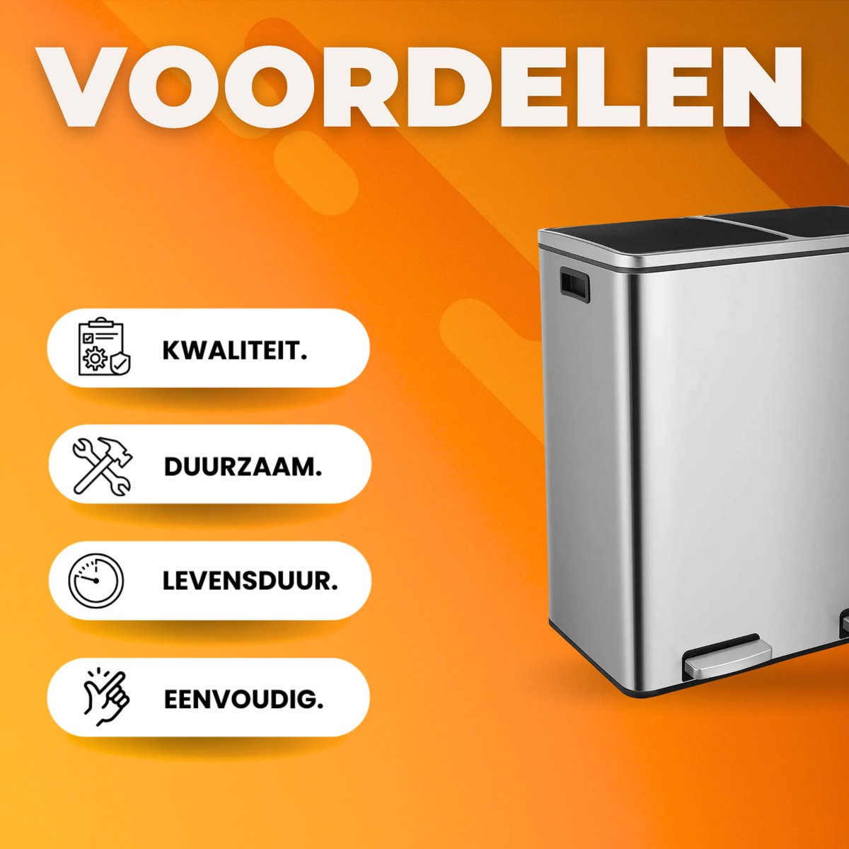 Pedaalemmer 2 vakken - 60L - Prullenbak - Afvalscheiding - RVS - Softclose - Anti-slip - Zilver