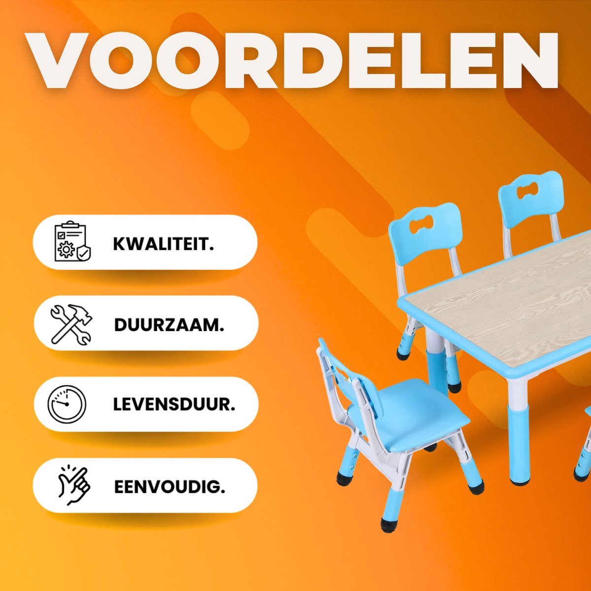 Kindertafel Tavien en 4-Stoelenset - In Hoogte Verstelbare Tafel voor Peuters voor Studie, Schrijven en Spelen - Activiteitstafel en Stoelen voor Kinderen - Blauw - 120x60cm