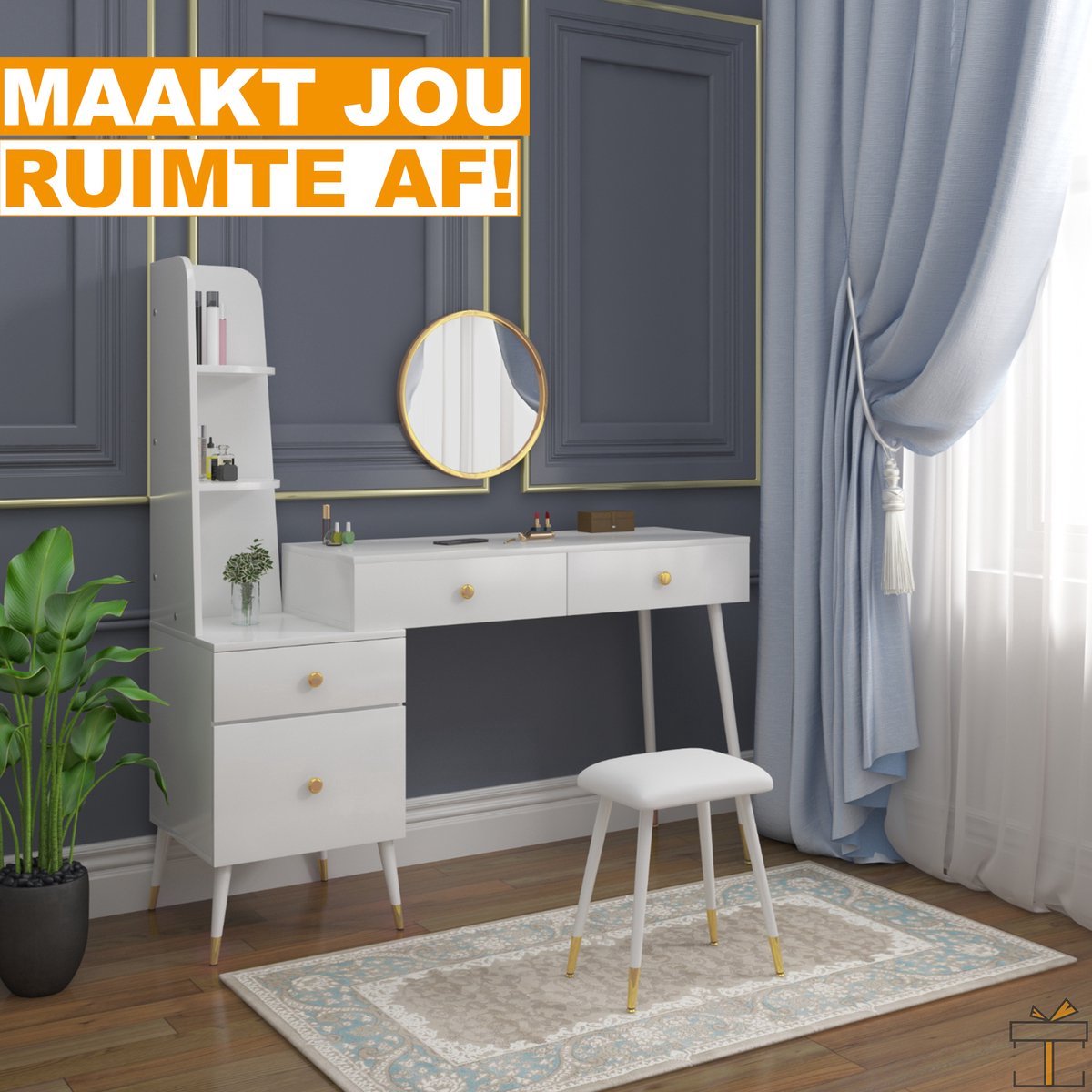 Bolt Edge Kaptafel - Wit - Inclusief Spiegel en Krukje - Make-up Tafel voor Meisjes - Voor Kinderen en Volwassenen