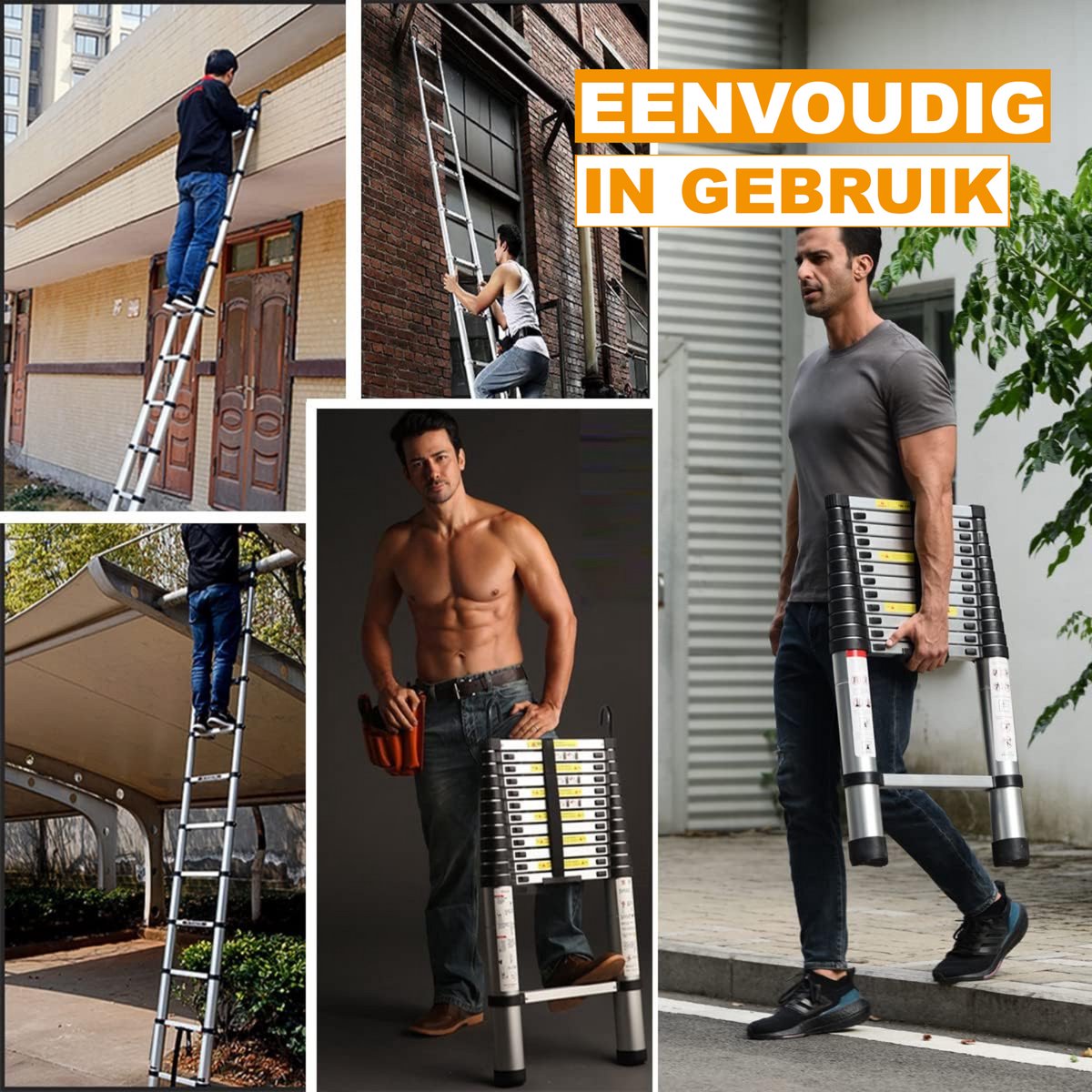Uitschuifbare Telescopische Ladder - 6,2m - Afneembare Haken en Uitschuifbare Treden - Opvouwbare Zolderladder met Antislipvoeten