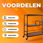 Bar trolley op wieltjes - Drankjes Trolley -Serveerwagen - 3 bladen plateaus - Theewagen hout - 100 kg Laadvermogen