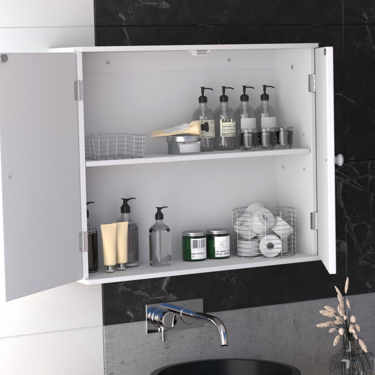Opbergkast Zenvo - Vrijstaande Opbergkast - Wandkast met Dubbele Deuren - Voor Keuken & Badkamer - Extra Plank voor Meer Opbergruimte