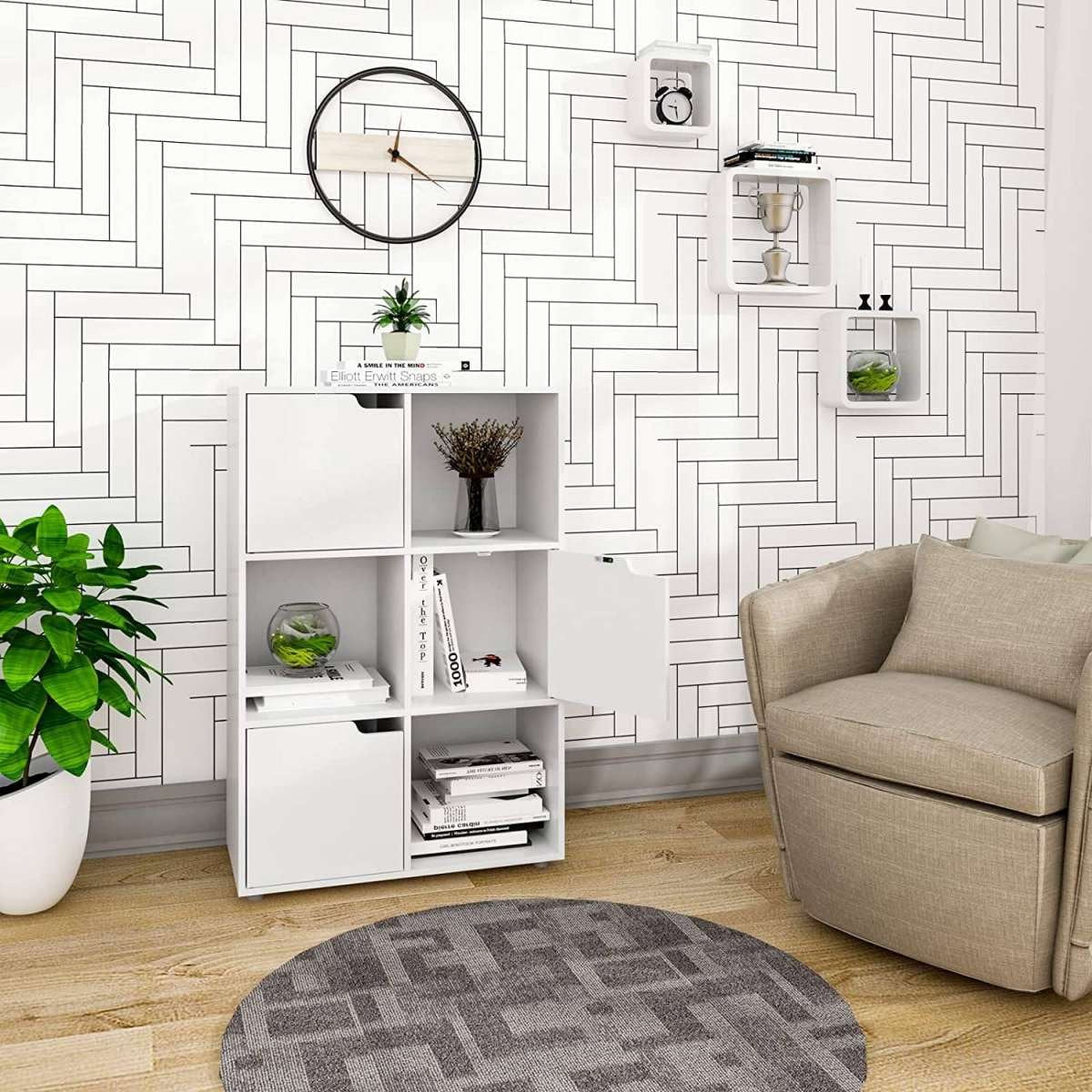 Happyment Boekenkast Nida - 6 Vakken - Wit - 3 Deuren - Boekenrek - Woonkamer, slaapkamer en kinderkamer - Hout - 59.7x29.7x91cm