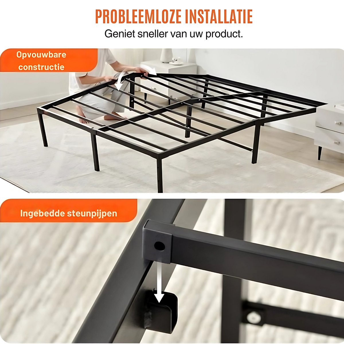 Zwart Stalen Platformbed met Lattenbodem – 680 kg Draagvermogen – Met Opbergruimte Onder Bed