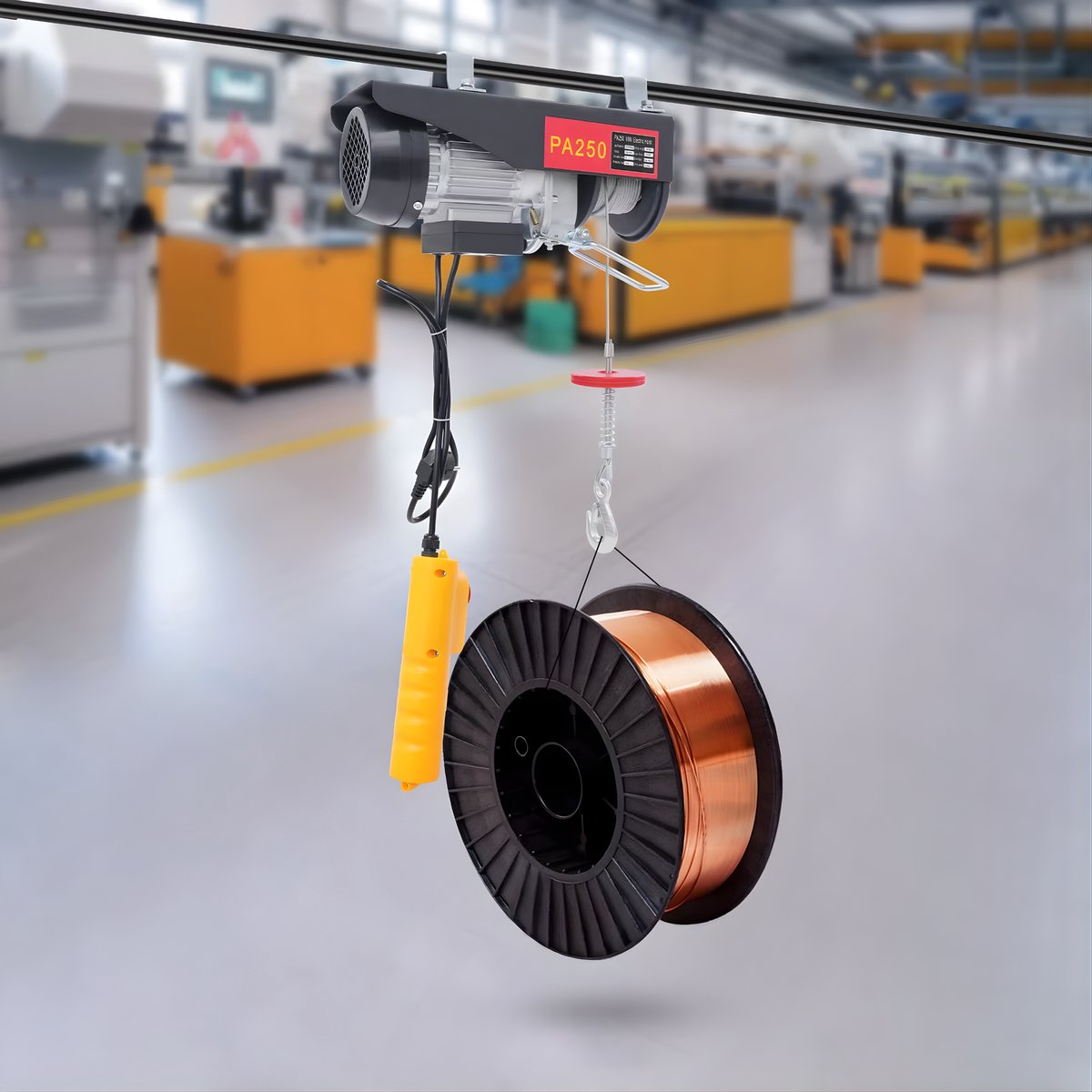 Elektrische takel – Voor garages en magazijnen – 250 kg capaciteit - Bedrade afstandsbediening, 18 m staaldraad – 220 V, 500 W