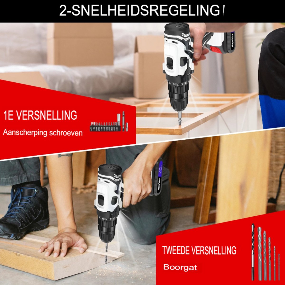 Accuboorboorset 21V - Elvo - Elektrische Schroevendraaier - 2 Variabele Snelheden - 25+1 Koppel - Li-Ion Batterij en Snellader
