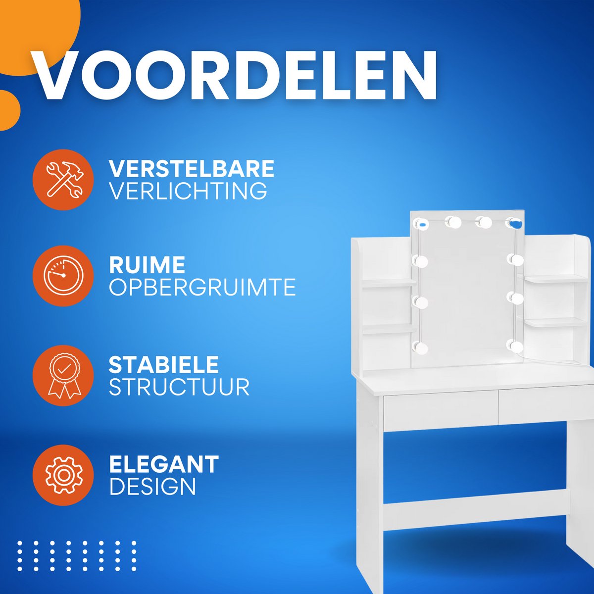 Kaptafel met LED Spiegel - Make-uptafel voor Slaapkamer - Met 2 Laden & 4 Opbergplanken - 90×40×125 cm