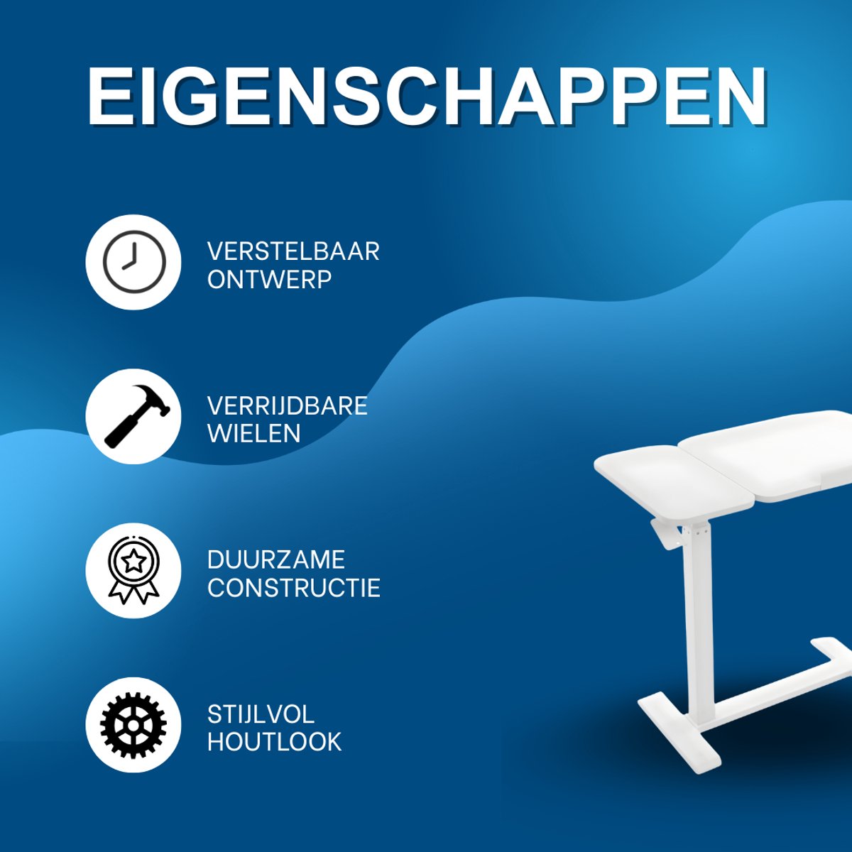 Laptoptafel - Bijzettafel - Bedtafel - Banktafel- Voor gebruik aan bed of kantoor - Verstelbaar - Wit