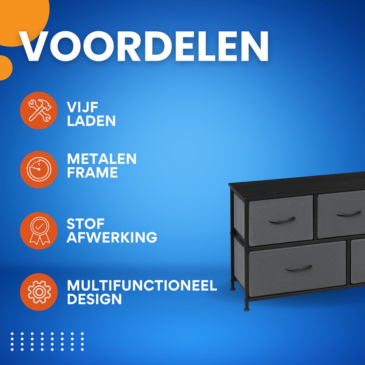 Ladekast met 5 Laden - Dressior - Kast - Voor Woonkamer, Slaapkamer, Keuken of Hal - TV-Kast & Dressoir - Met Stof en Metalen Frame
