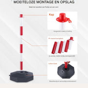 Afzetpaal 6 Stuks - Rood/Wit - Afzetkoord - Vulbaar Met Water/Zand - Afzetpaaltjes met lint - Inclusief afzetketting koord