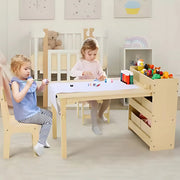 Kunsttafel en Stoelenset voor Kinderen - Houten Knutseltafel met 2 Stoelen, Opbergplanken, Canvas Bakken en Papierrol - Speeltafel voor Kinderkamer - Houtlook