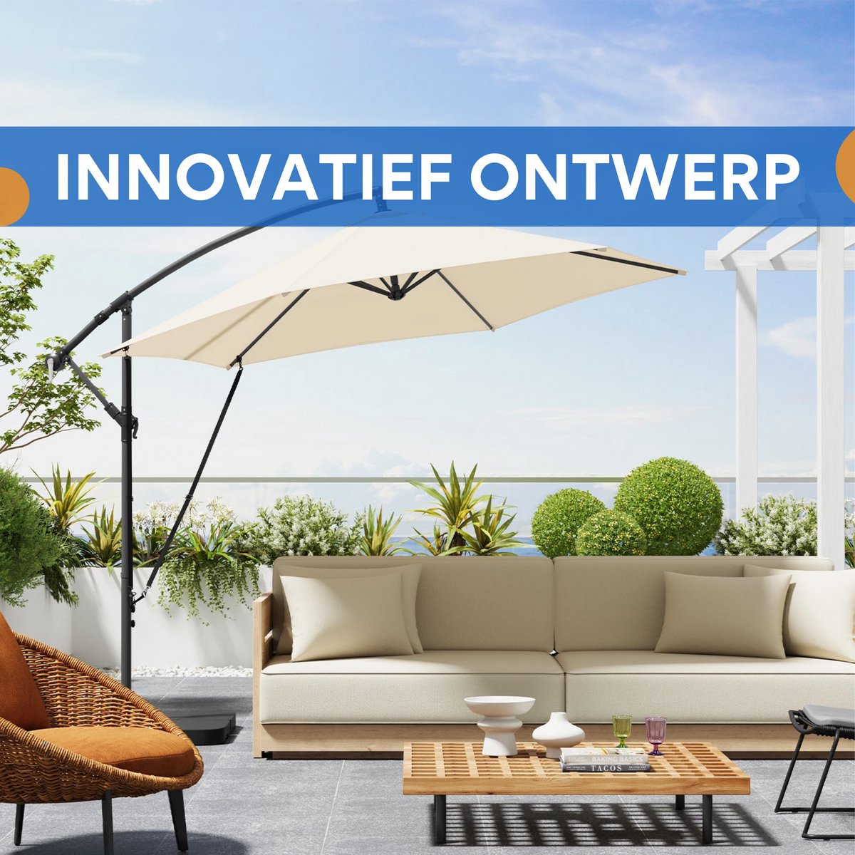 Ronde Parasol - Voor Balkon, Strand of Tuin - Verstelbaar & 45° Kantelbaar - UV-Resistent & Waterdicht - Beige