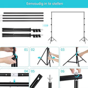 Achtergrondsysteem voor Fotostudio - Achtergrondstandaard - Achtergronddoek standaard - 3x2,6 m - In hoogte verstelbaar - Aluminium Zwart
