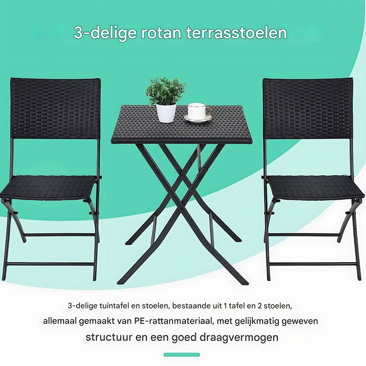 Outdoor Klaptafel Set - 3-delig - Voor Camping en Picknick - Opvouwbare Rotan Meubelstoel en Tafel - Draagbare Balkonset met 2 Stoelen - Zwart