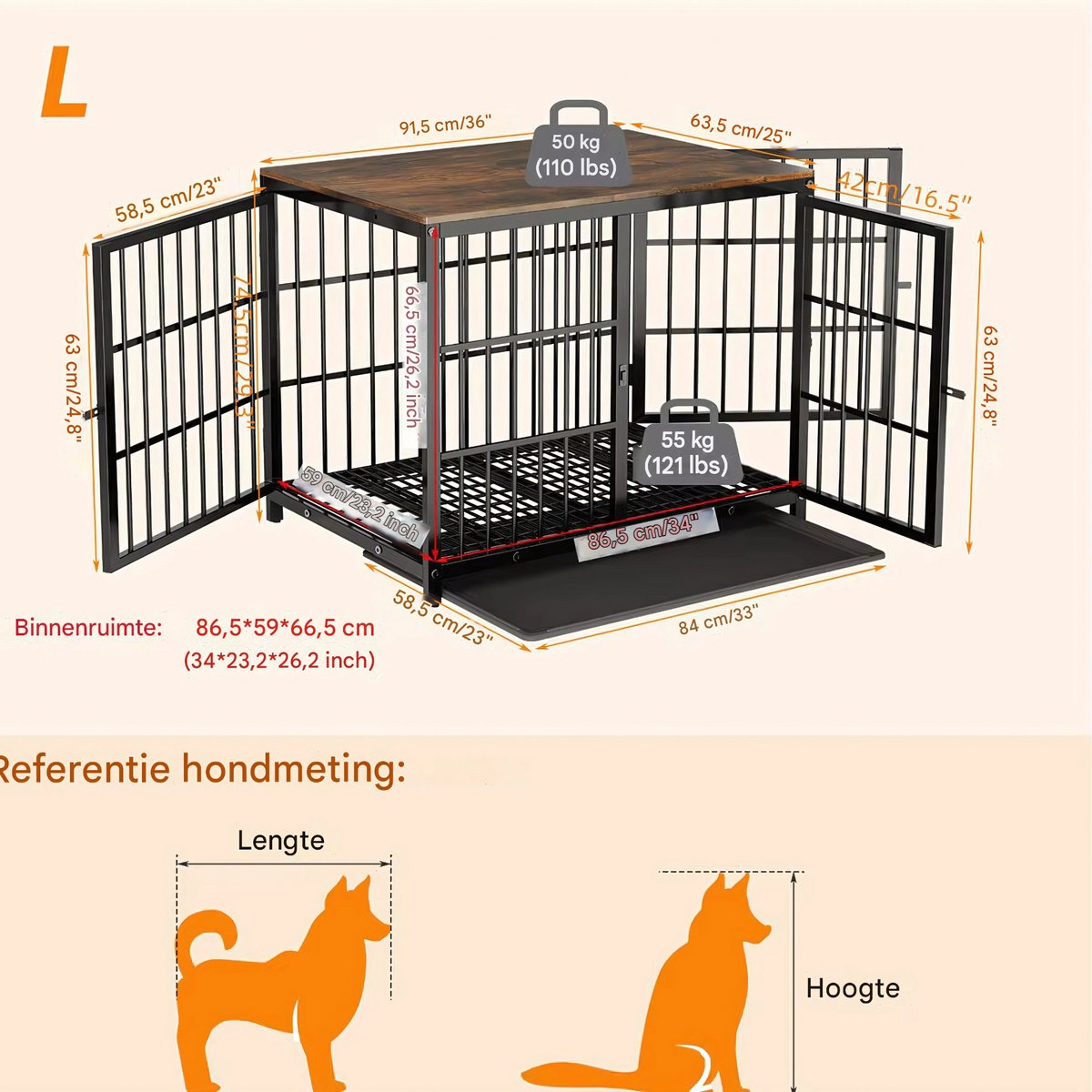Zware Hondenkennel - Voor Huisdieren - Metalen Hondenkrat met Houten Meubelstijl - Hondenbench - Zwart - 91cm