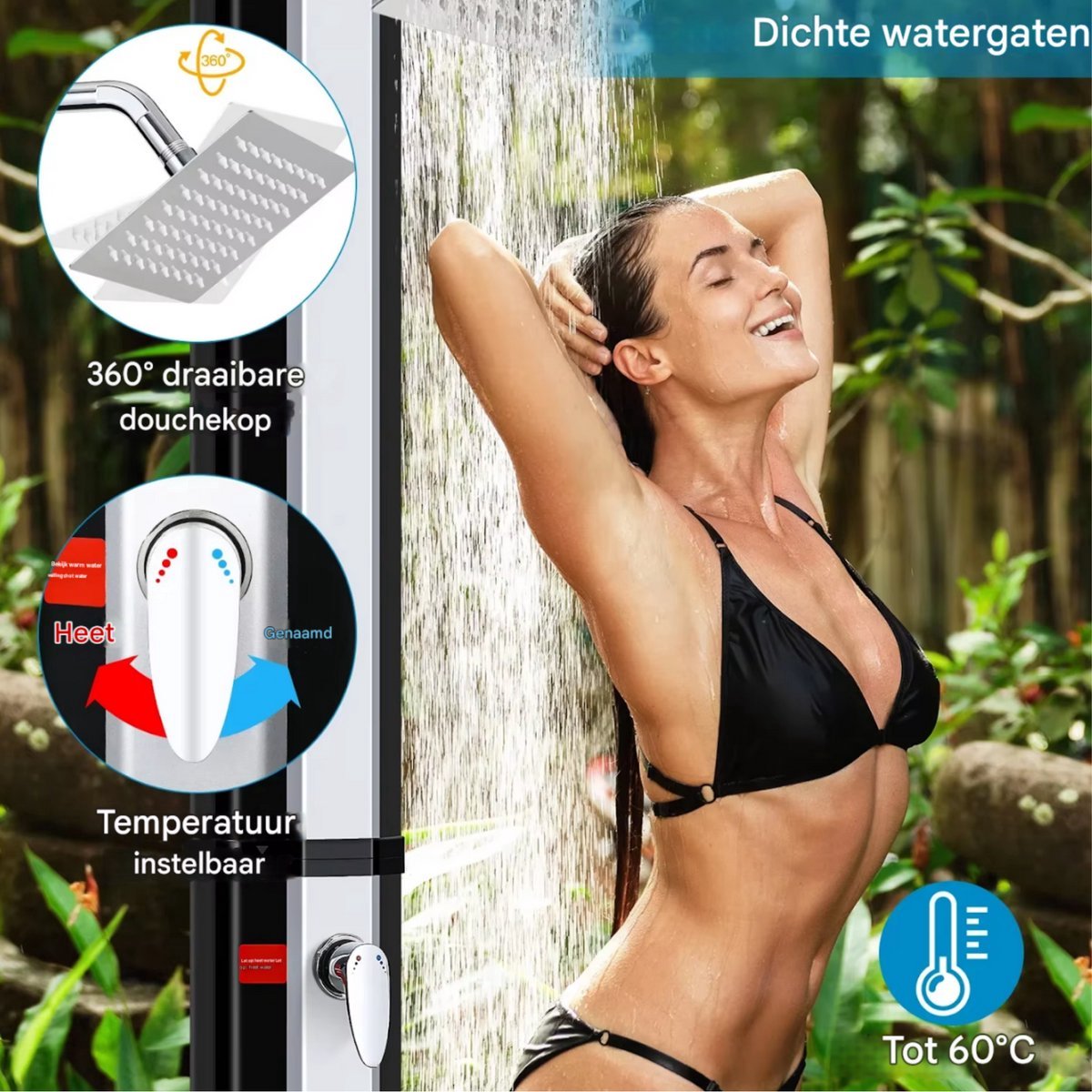 Zonneverwarmde Buiten Douche Zyrell - Tuindouche - Kampeerdouche - Voor Tuin, Camping, Zwembad & Strand - Met Douchekop en Mengkraan - 35L - Zwart & silver