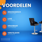 Barkrukken Luxe Valora - Set van 2 - Met rugleuning - Zwart - Velvet - Verstelbaar - Voor Keuken, Bar of woonkamer - Draaibaar