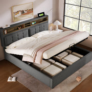 Bed - Opbergbed - Opbergruimte - Hydraulisch tweepersoonsbed Linnen lattenbodem Houten metalen frame - Beige - 160x200