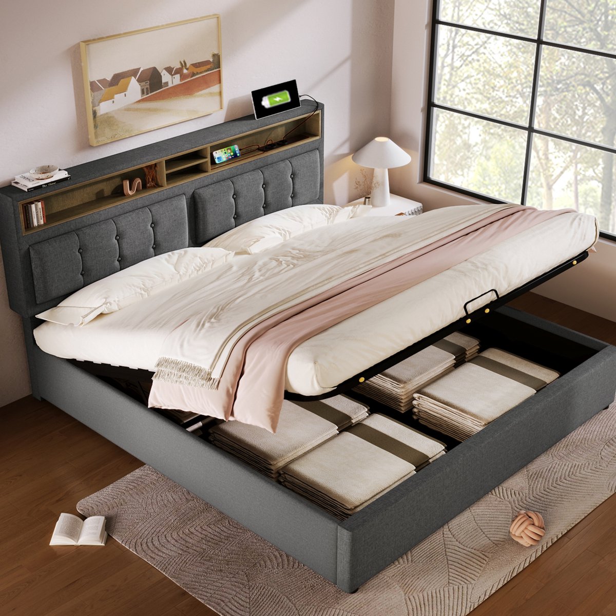 Bed - Opbergbed - Opbergruimte - Hydraulisch tweepersoonsbed Linnen lattenbodem Houten metalen frame - Beige - 160x200