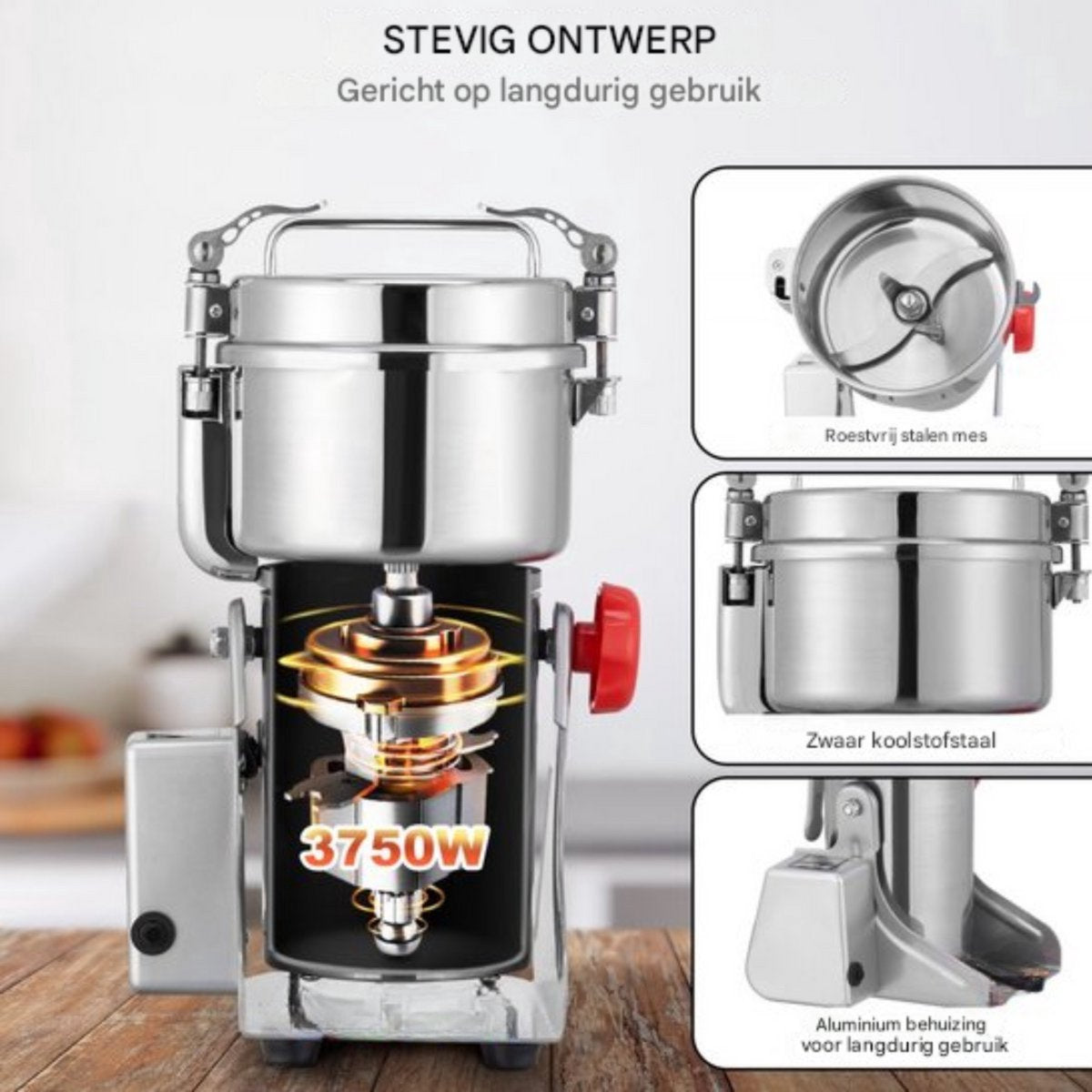 Elektrische graanmolen - Kruidenmolen - Kruiden maler - Spice grinder - RVS - 3750W - 1000gr