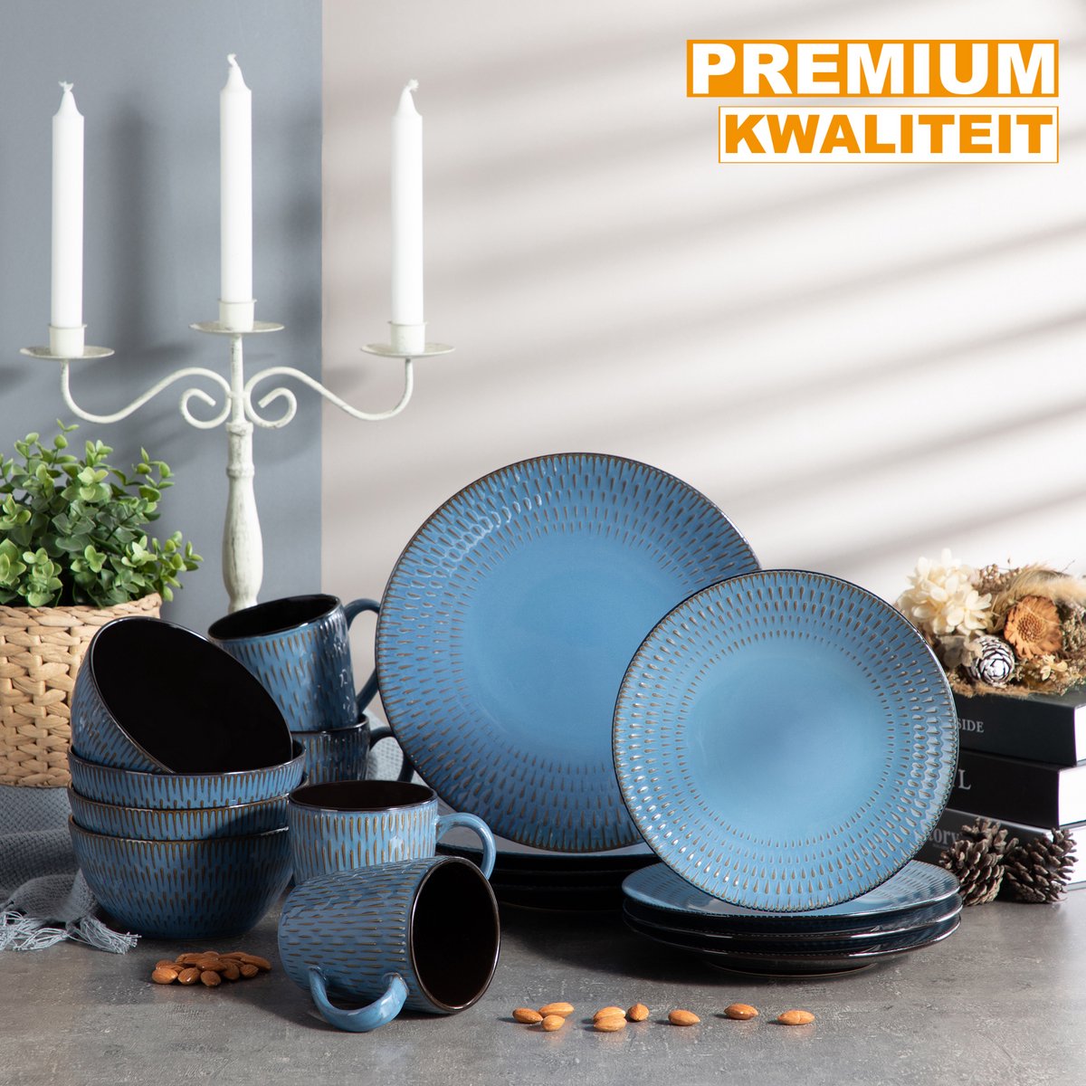 Montario Serviesset - 16 delig - 4 persoons - Sky blauw - Dinerborden - Bordenset - Diepe borden - Ontbijtborden - Servies - Keukenservies