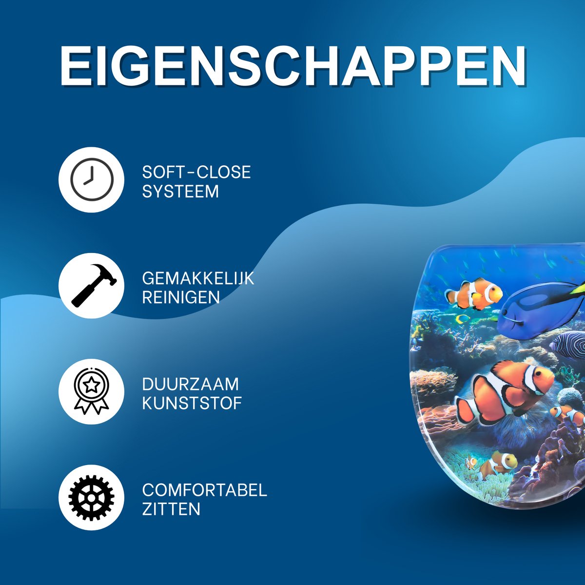WC-bril - Toiletbril – Voor Toilet & Badkamer – Soft-Close – Duurzaam Kunststof - Vissen motief