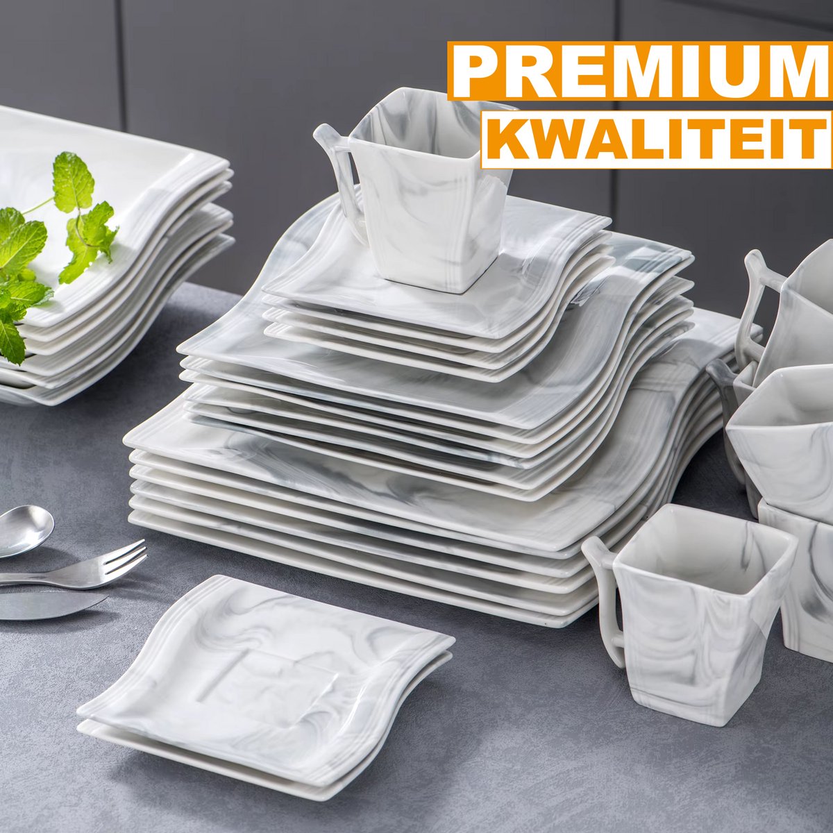 Noble Ontbijtborden – 6 persoons – Marmerlook Keramisch – Dinerborden – Ontbijtborden