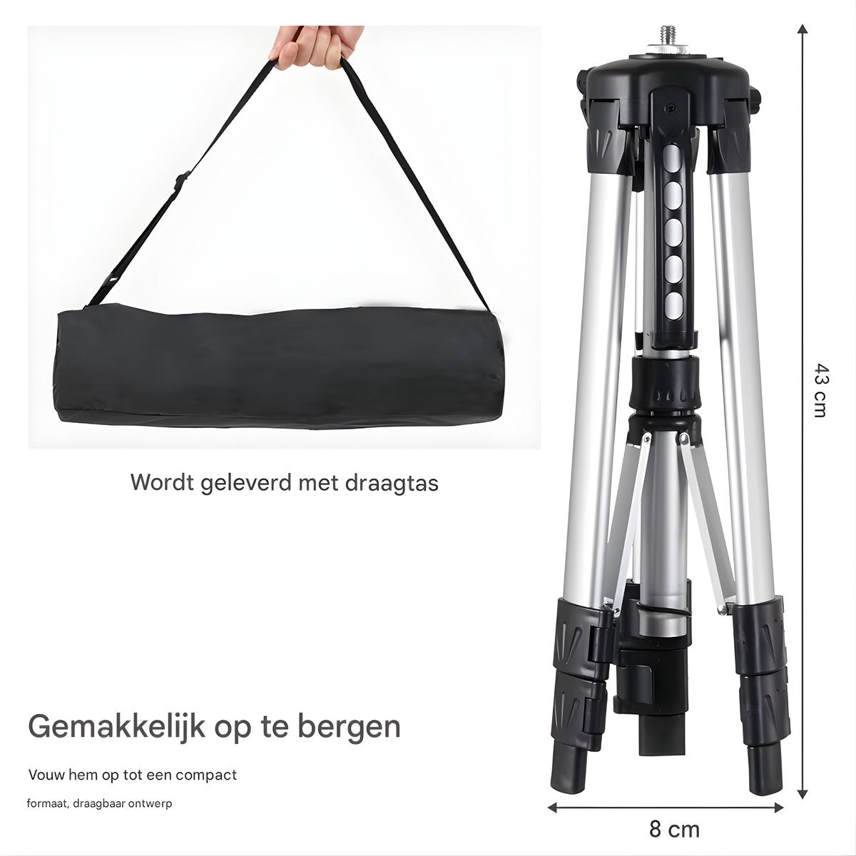 Projectorstatief – Opvouwbare Laptop- en Projectorstandaard - met Plateau en Draagtas – Lichtgewicht Aluminium- voor Thuis, Studio of Kantoor gebruik - Zilver