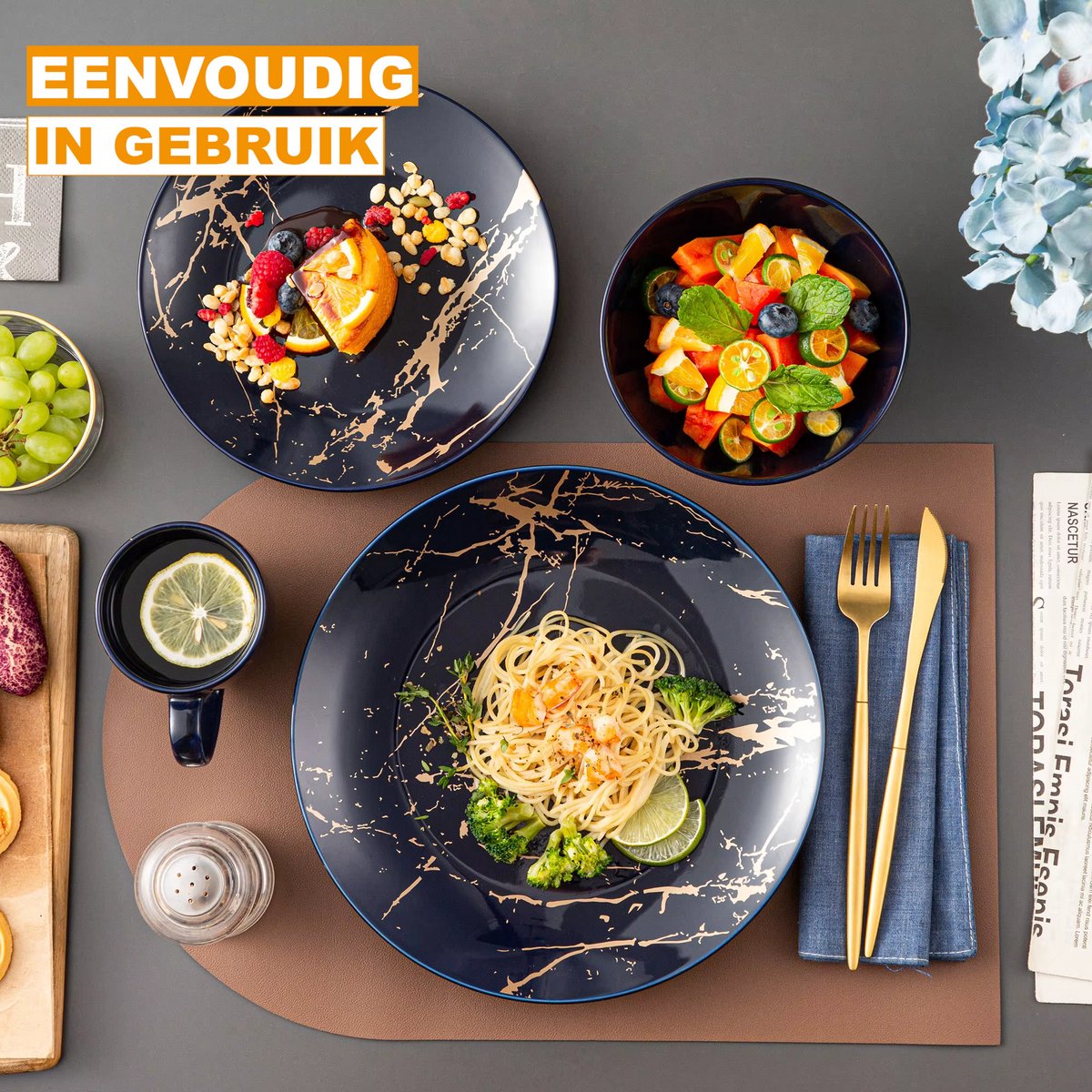 Lucenzo Serviesset - 32 delig - Donkerblauw/Goud - Dinerborden - Bordenset - Diepe borden - Ontbijtborden - Servies - Keukenservies