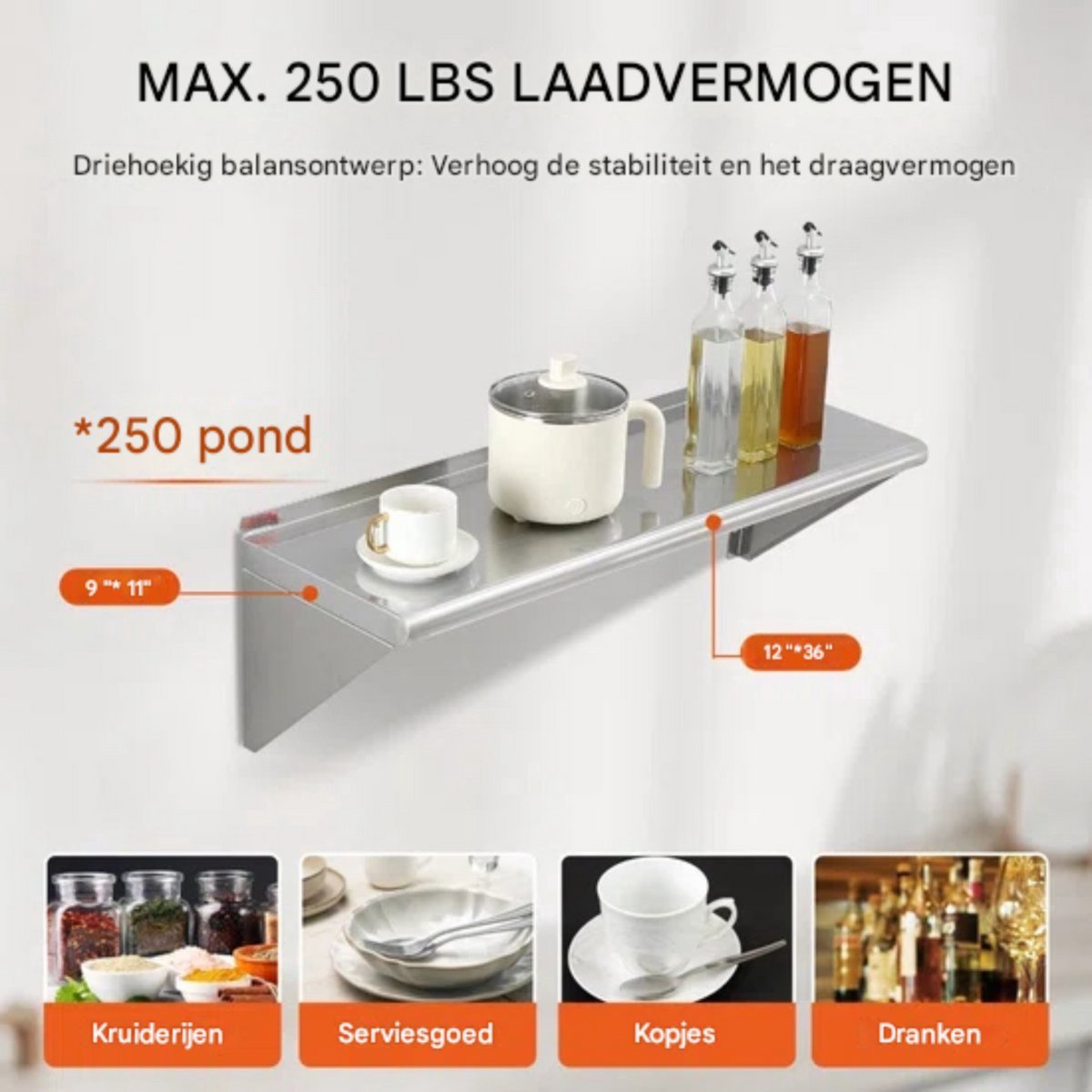 Kruidenrek RVS - Ophangbaar - Voor kruidenpotjes - Kruidenrekken - Wandrek keuken - 113KG - Wandmontage