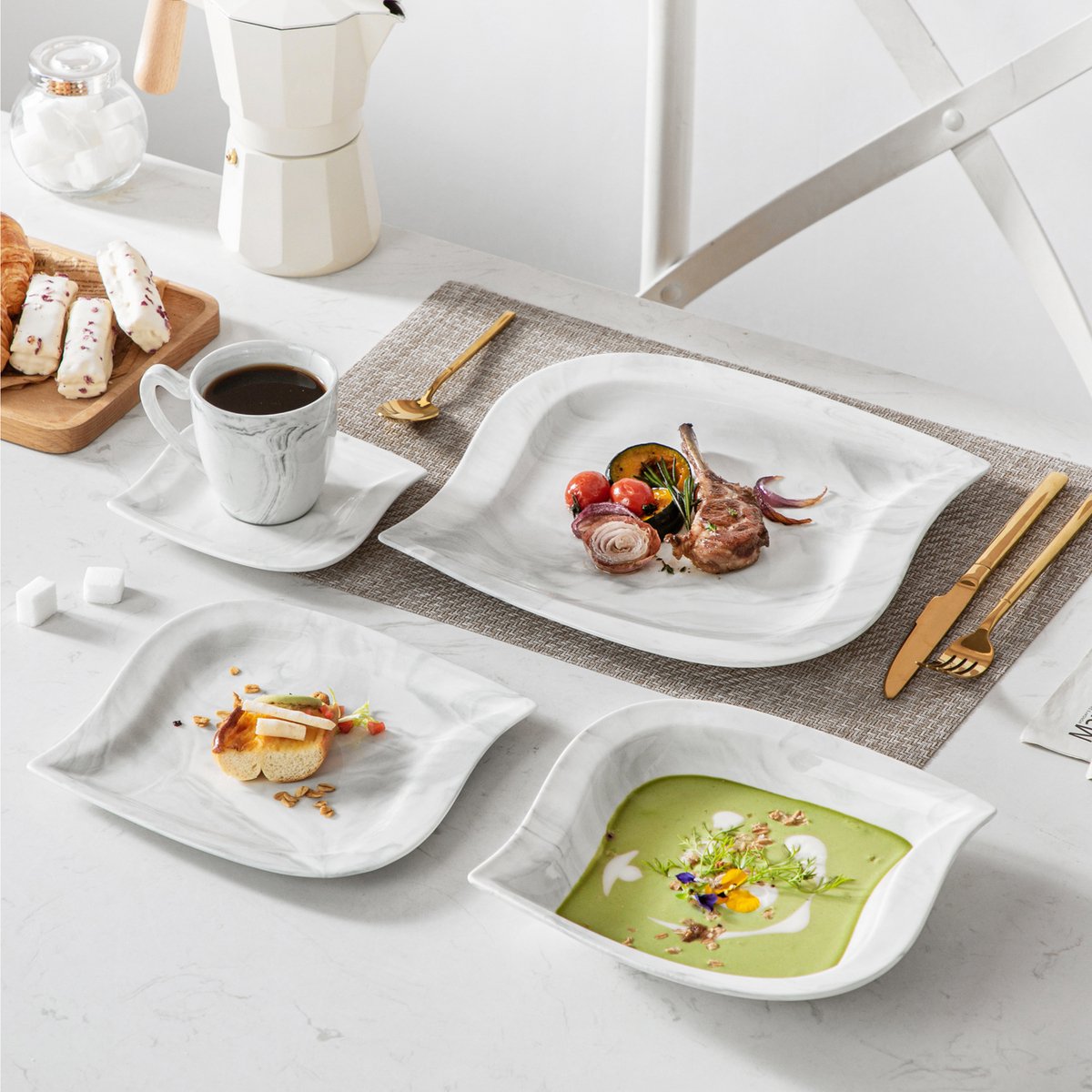 Ornate Bordenset – 6 persoons – 30 delig – Marmerlook Keramisch – Dinerborden – Breakfast Plates
