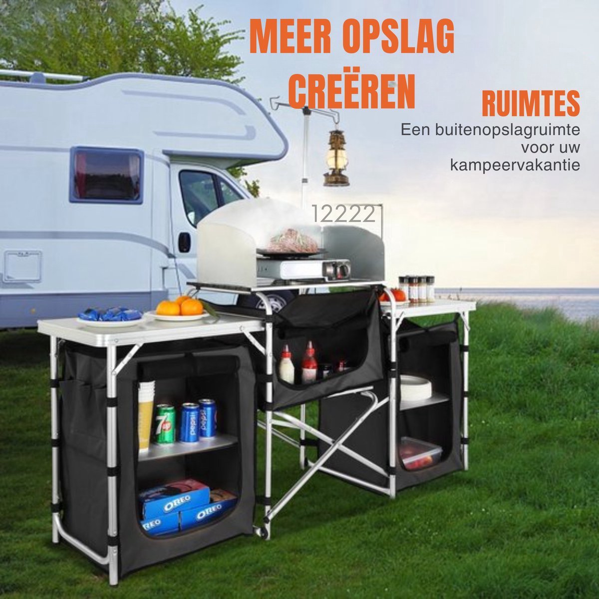 Opvouwbare campingkeuken - Opvouwkeuken - Met BBQ plaats - Inclusief opbergtas - Zwart