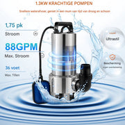 Dompelpomp PRO - Waterpomp Vuil water - 1300W - Elektrisch Tuinpomp met 20000L/u