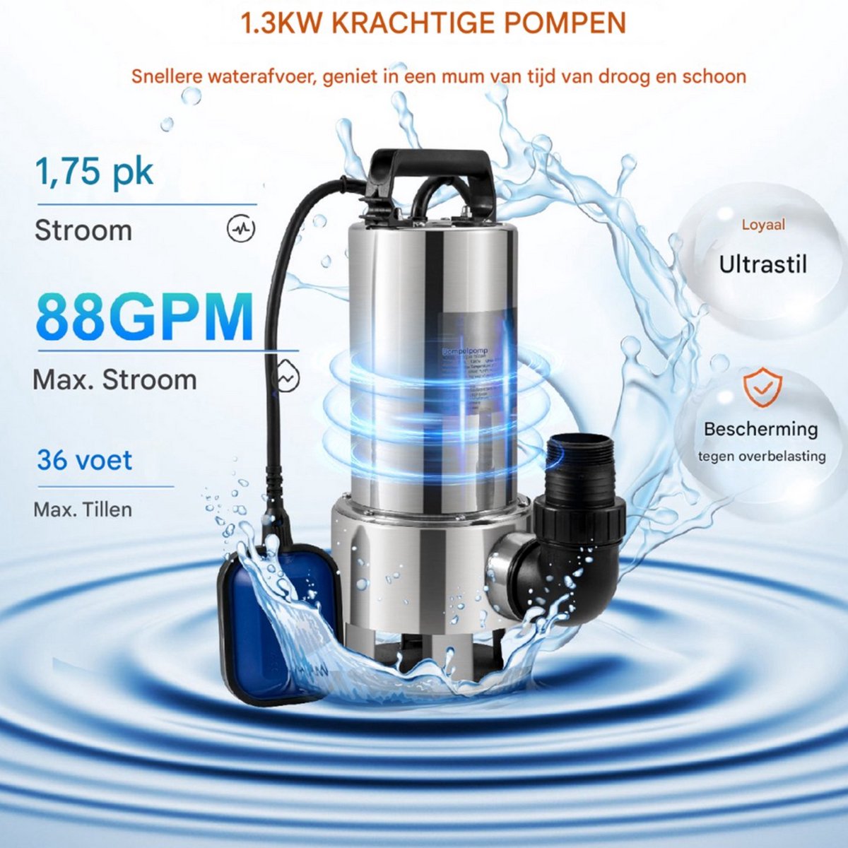 Dompelpomp PRO - Waterpomp Vuil water - 1300W - Elektrisch Tuinpomp met 20000L/u