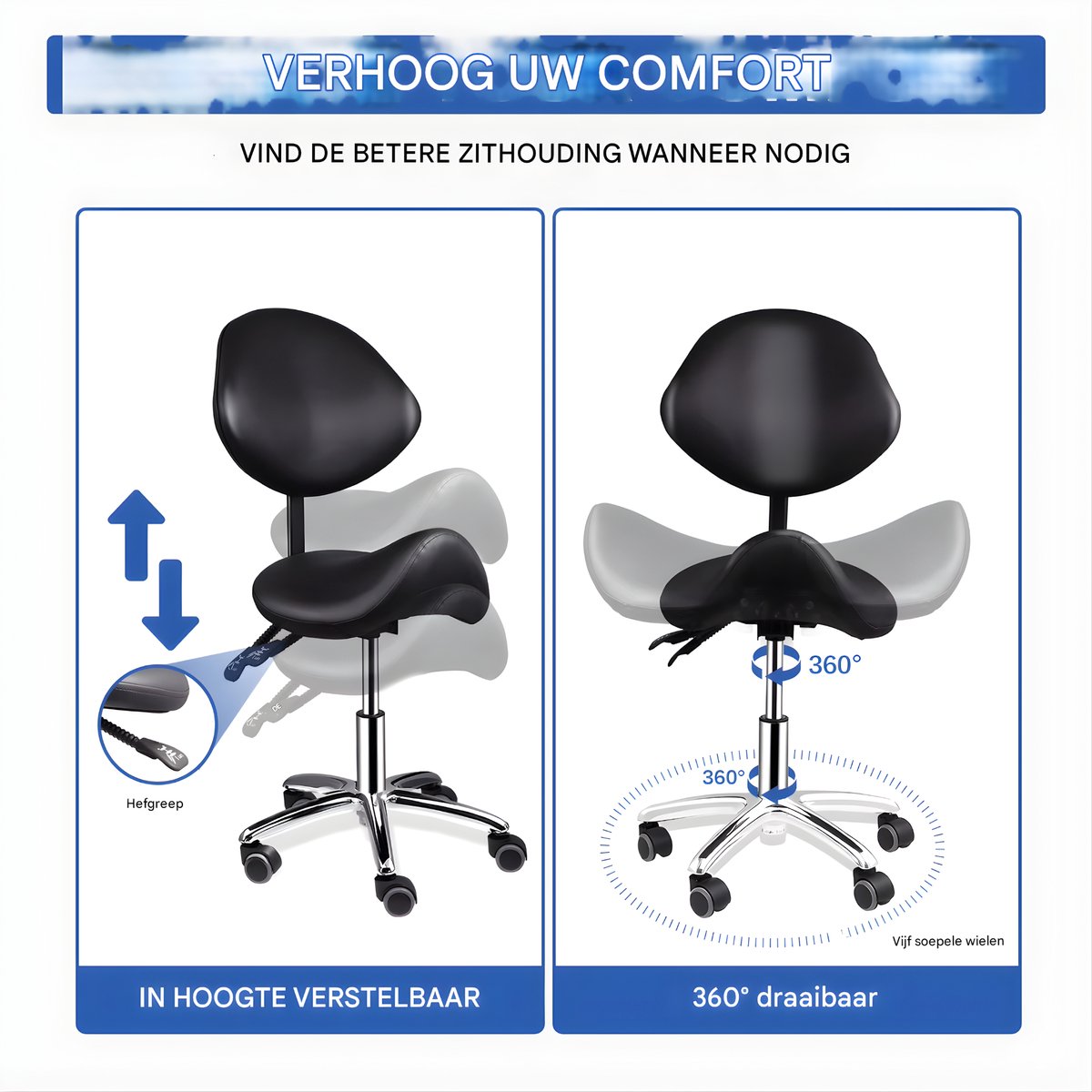 Ergonomische Rollende Zadelstoel - Bureaukruk - Werkkruk - Tabouret - Zadelstoel - met Wielen & Rugleuning - Voor Kapper & Spa - Wit