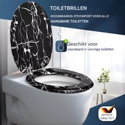 WC-bril - Toiletbril – Voor Toilet & Badkamer – Soft-Close - Duurzaam Kunststof - Zwart marmer motief