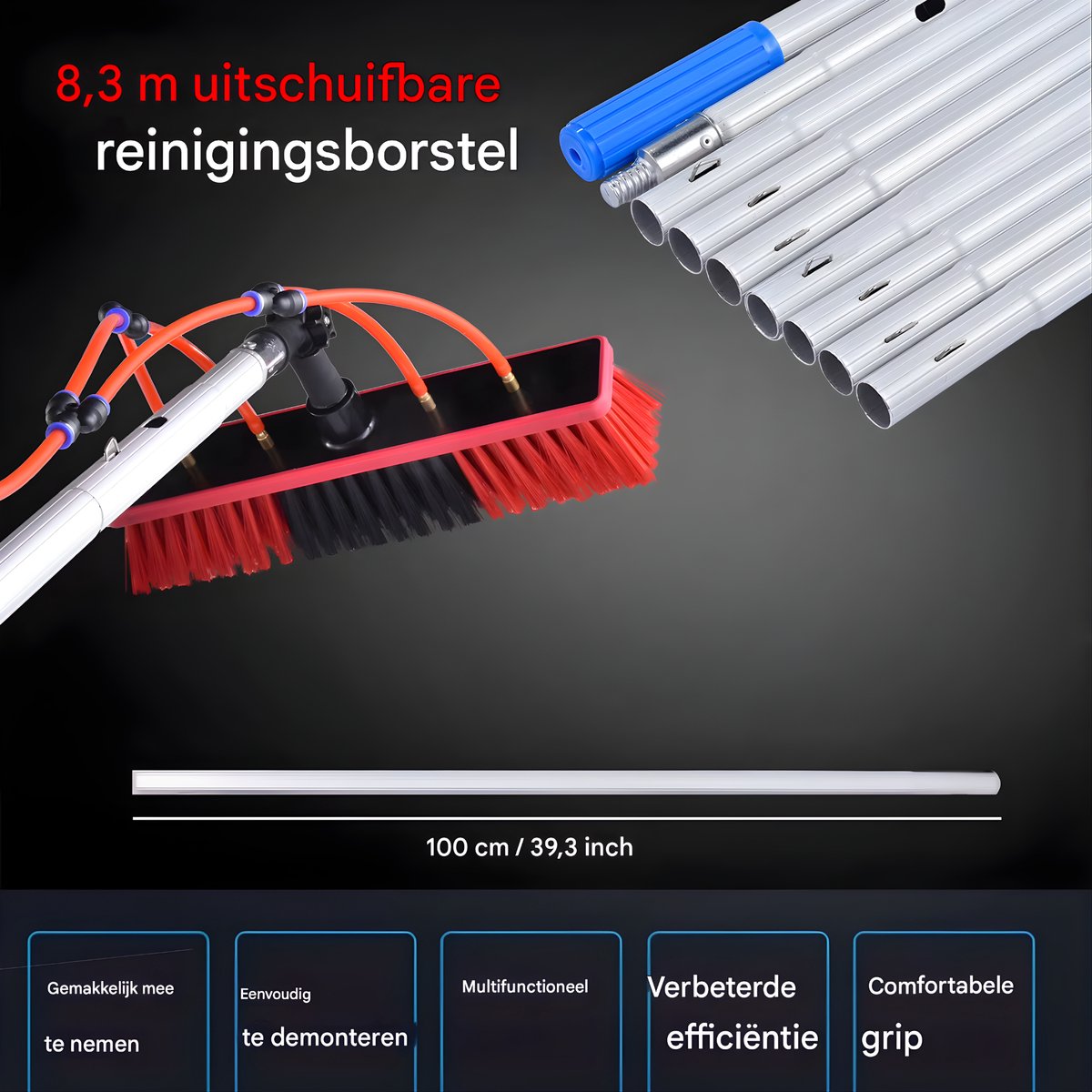 Reinigingsborstel voor Zonnepanelen - 9 meter - Met Telescopisch Handvat - Draaibare Raam- & Paneelborstel
